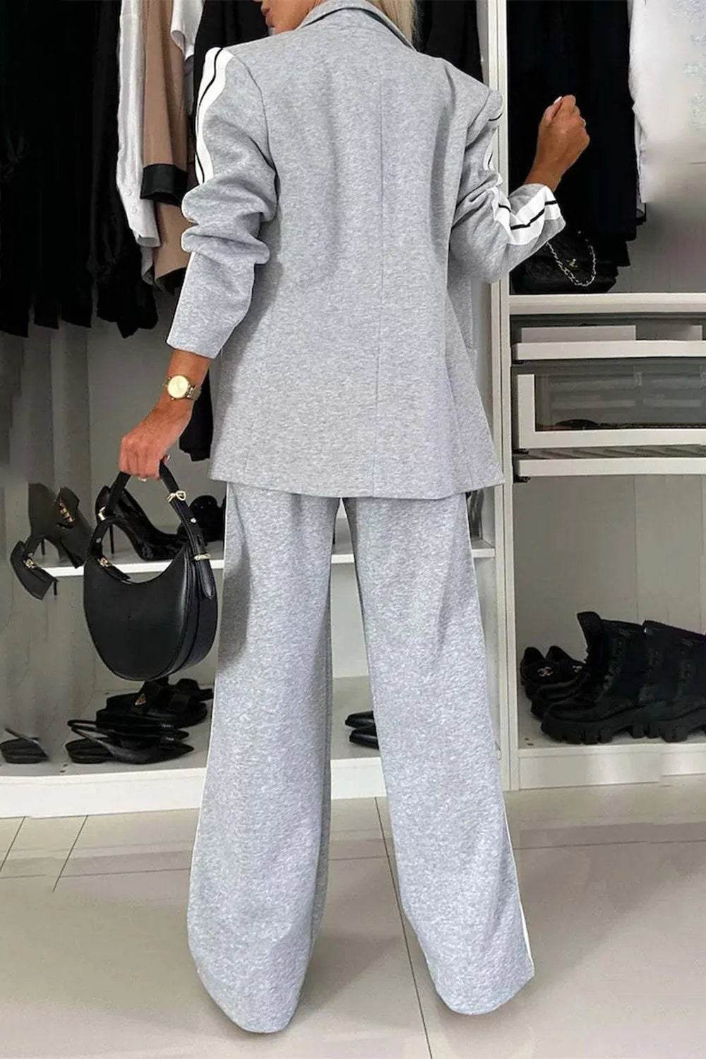 Full Size Contrast Lapel Collar Top and Pants Set - Tredona LLC