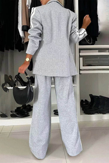 Full Size Contrast Lapel Collar Top and Pants Set - Tredona LLC