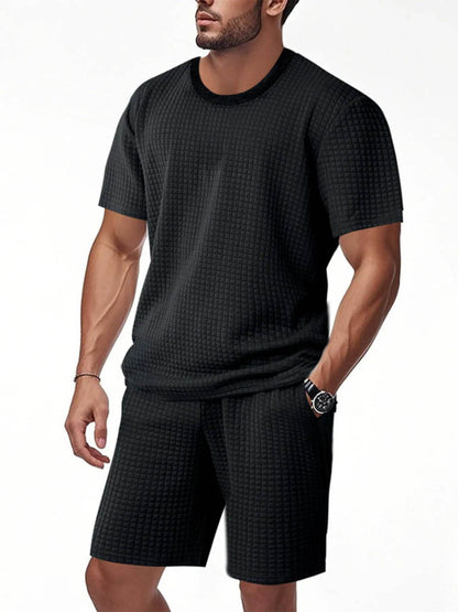 Men's Full Size Textured Round Neck Top and Shorts Set Plus SIze - Tredona LLC