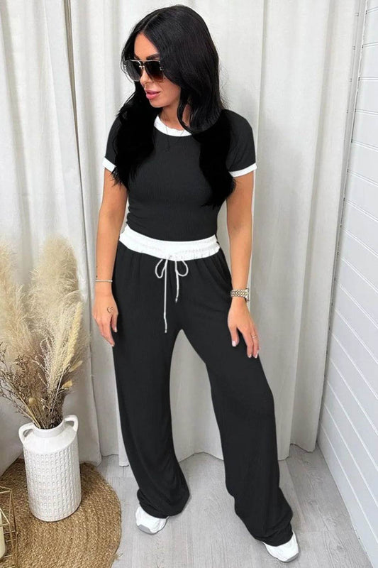 Contrast Trim Round Neck Top and Pants Set - Tredona LLC