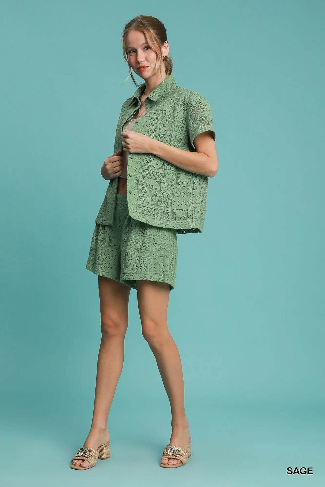 Umgee Patch Lace Short Sleeve Button Down Shirt - Tredona LLC
