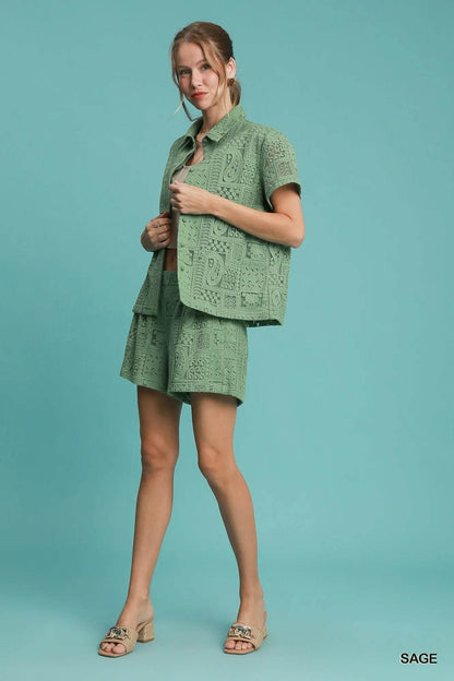 Umgee Patch Lace Short Sleeve Button Down Shirt - Tredona LLC