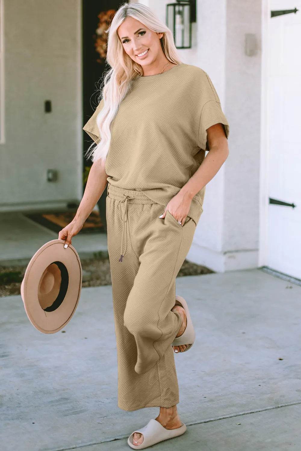 Double Take Full Size Texture Short Sleeve Top and Pants Set - Tredona LLC