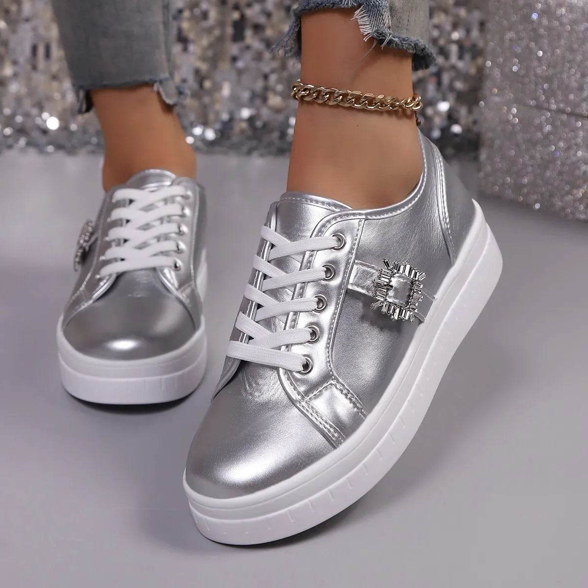 Rhinestone Embellishment Platform Sneakers - Tredona LLC