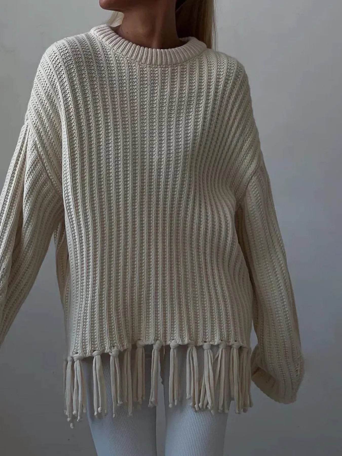 Fringe Round Neck Long Sleeve Sweater - Tredona LLC