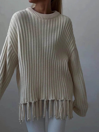 Fringe Round Neck Long Sleeve Sweater - Tredona LLC
