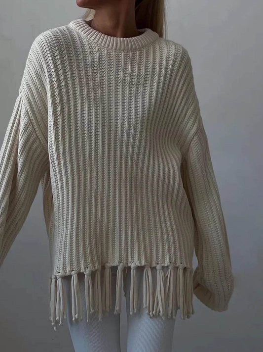 Fringe Round Neck Long Sleeve Sweater - Tredona LLC