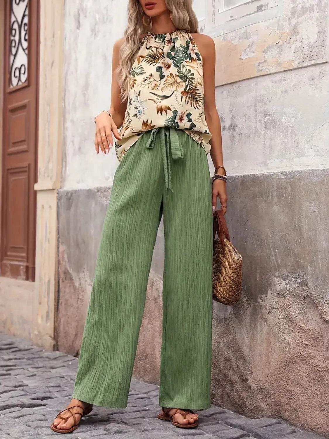 Printed Tank Top and Wide Leg Pants Set - Tredona LLC