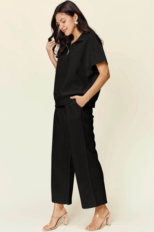 Double Take Full Size Texture Half Zip Short Sleeve Top and Pants Set - Tredona LLC