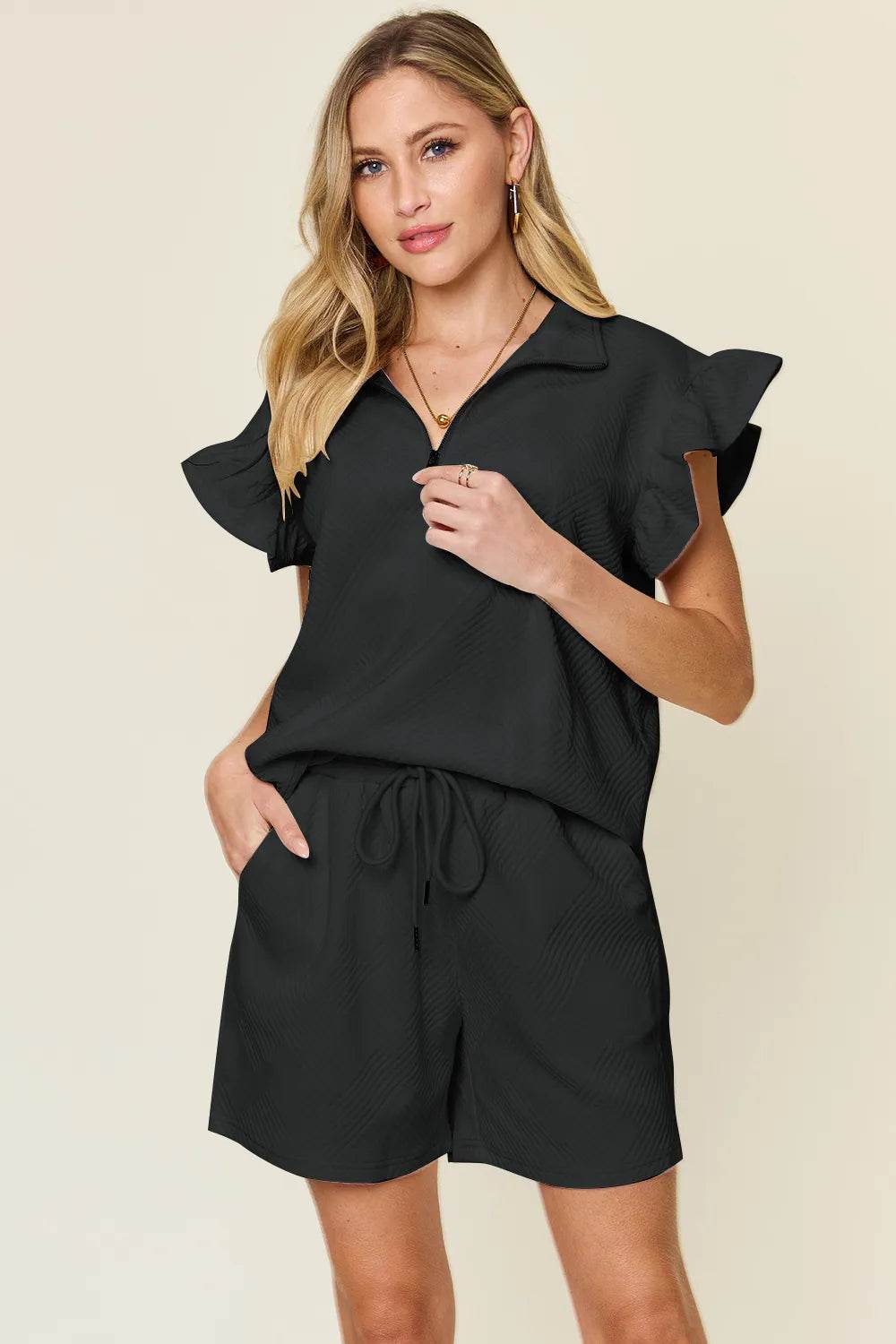 Double Take Full Size Texture Flounce Sleeve Top and Drawstring Shorts Set - Tredona LLC