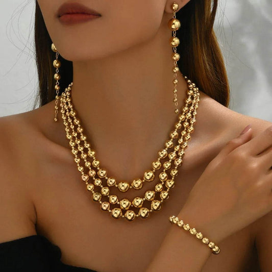 18K Stainless Steel Beaded Multi-Layered Necklace Bracelet Earrings Jewelry Set - Tredona LLC