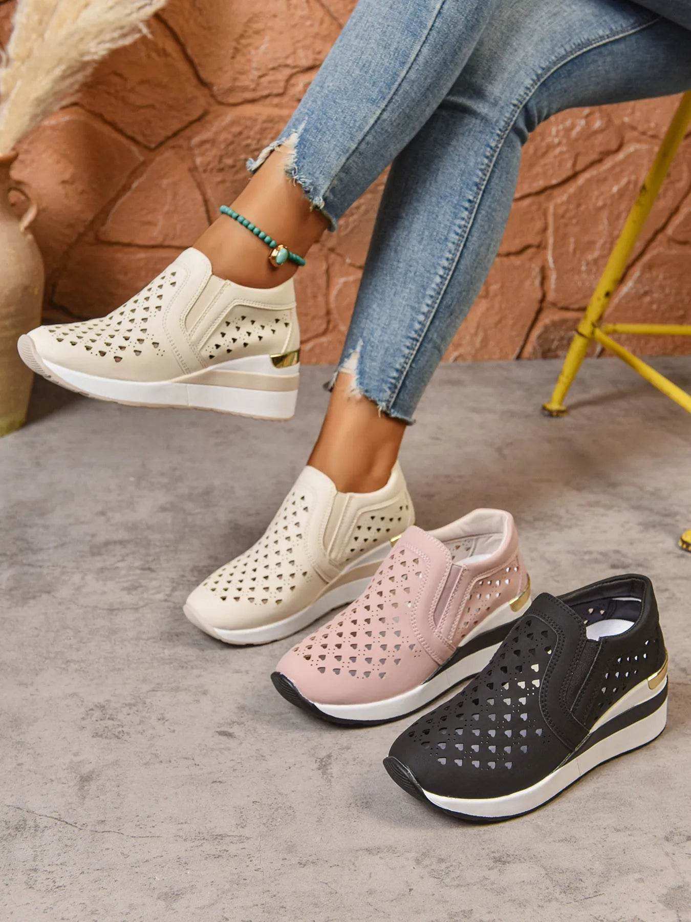 Breathable Cutout Wedge Sneakers - Tredona LLC