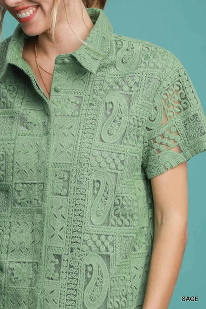 Umgee Patch Lace Short Sleeve Button Down Shirt - Tredona LLC