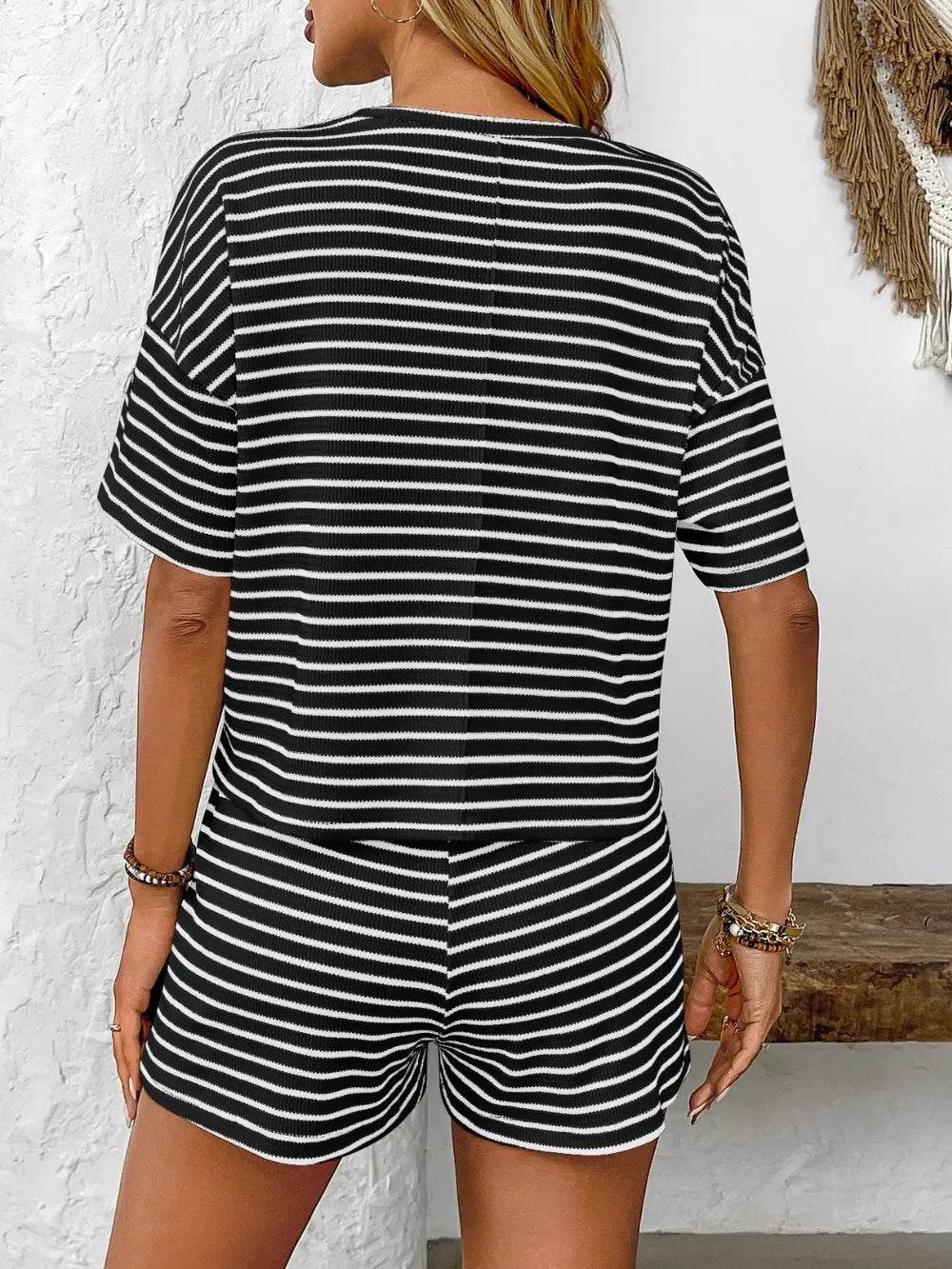 Striped Round Neck Short Sleeve Top and Shorts Set - Tredona LLC