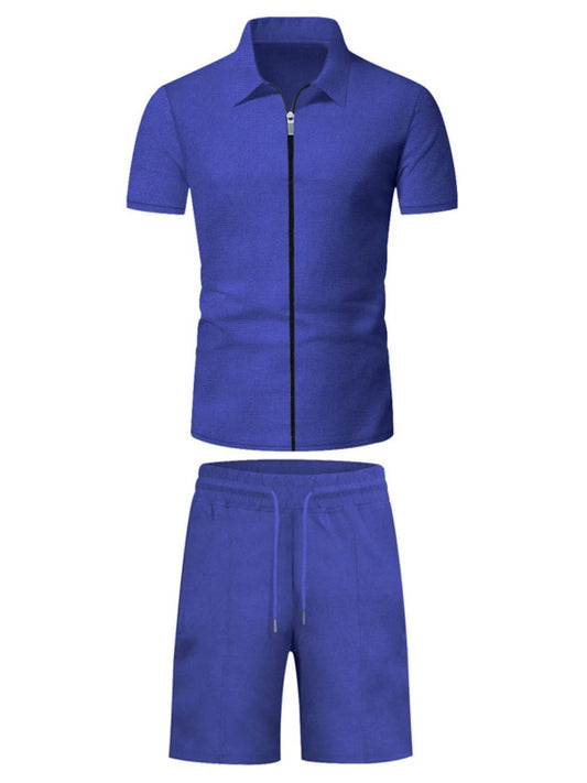 Men's Plus Size Zip Up Short Sleeve Top and Shorts Set - Tredona LLC