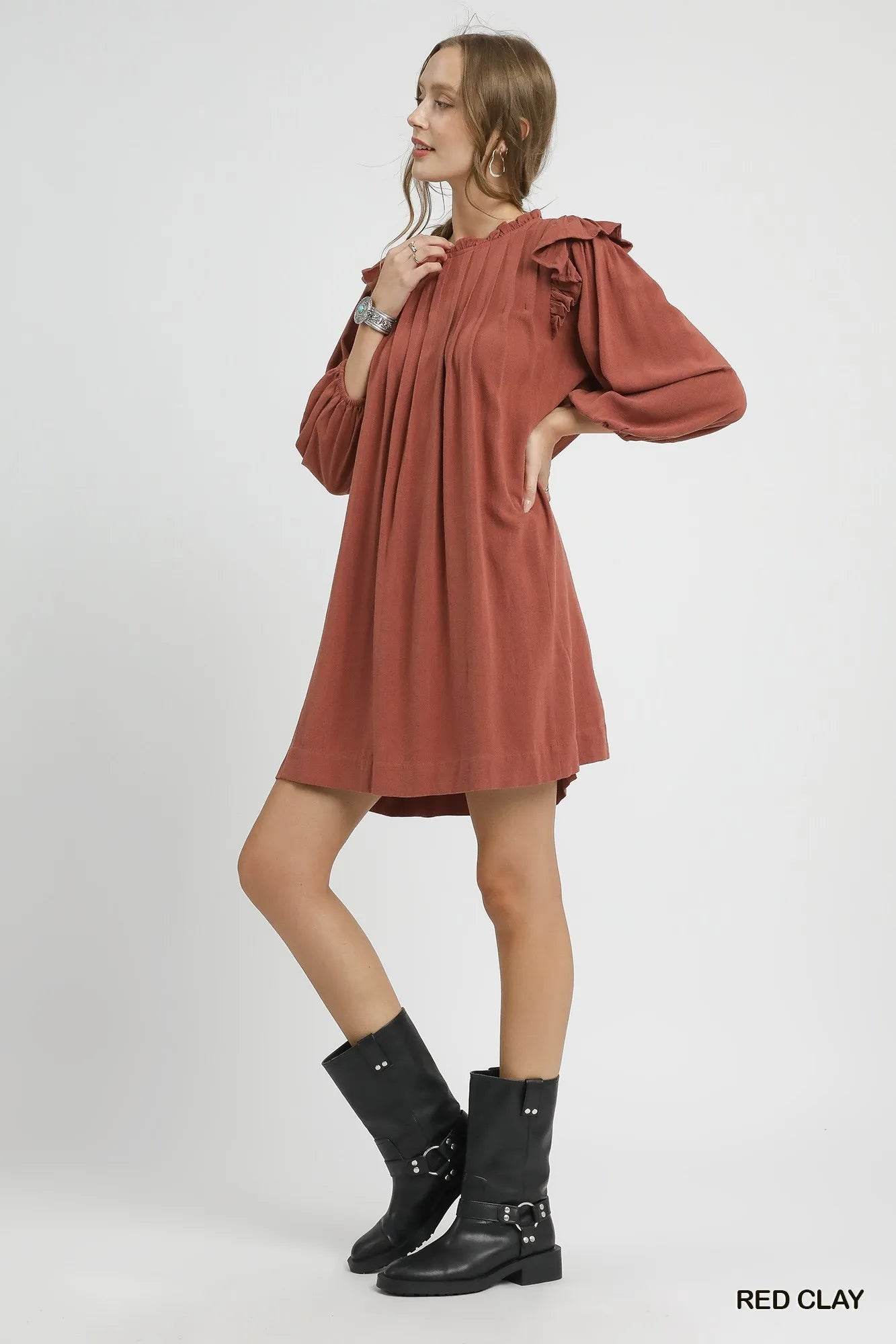 Umgee Linen Ruffle Shoulder Pleated Babydoll Dress - Tredona LLC