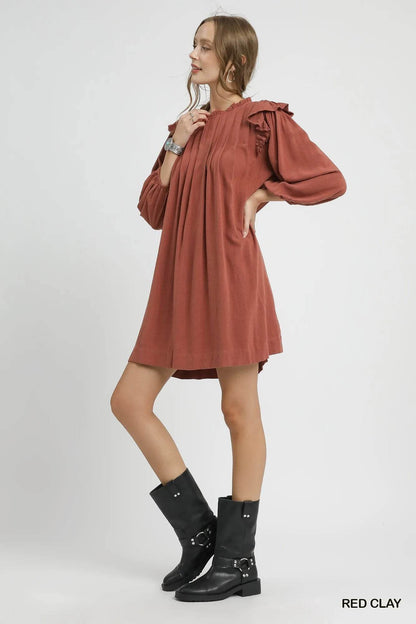 Umgee Linen Ruffle Shoulder Pleated Babydoll Dress - Tredona LLC