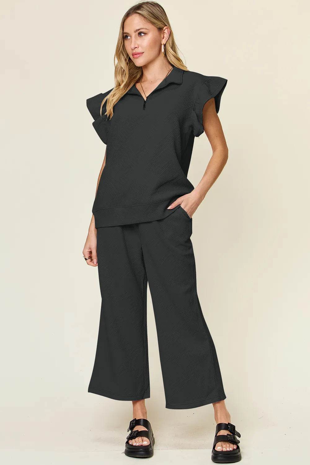 Double Take Texture Ruffle Short Sleeve Top and Drawstring Wide Leg Pants Set - Tredona LLC