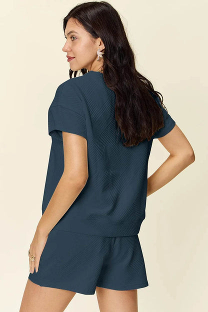 Double Take Full Size Texture Short Sleeve T-Shirt and Drawstring Shorts Set - Tredona LLC