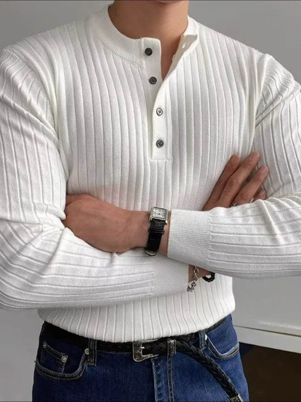 Button Detail Ribbed Long Sleeve Men's Knit Top - Tredona LLC