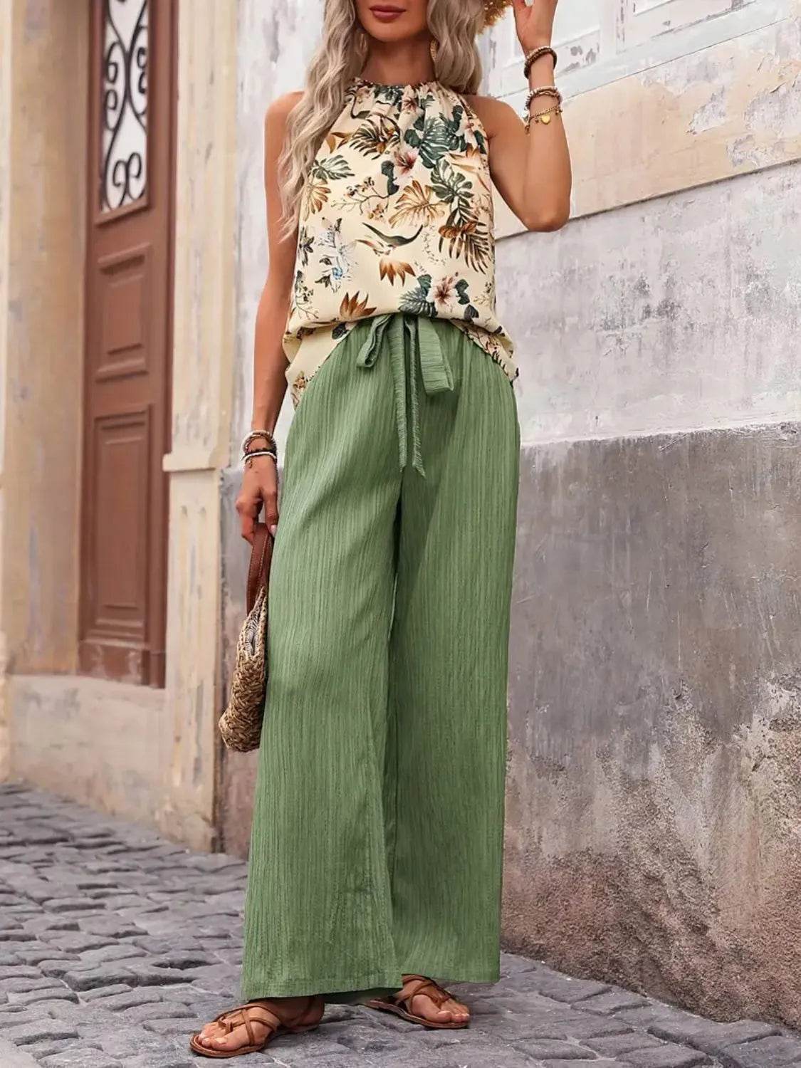 Printed Tank Top and Wide Leg Pants Set - Tredona LLC