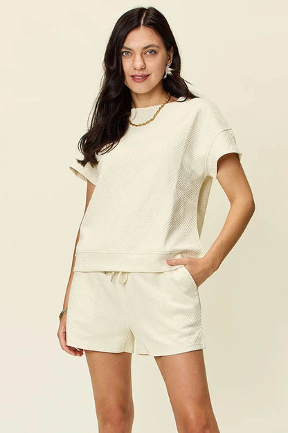 Double Take Full Size Texture Short Sleeve T-Shirt and Drawstring Shorts Set - Tredona LLC