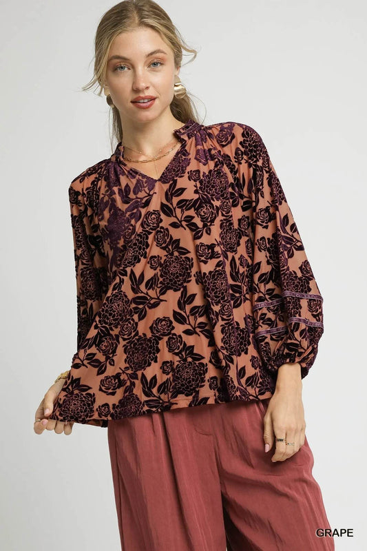 Umgee Floral Velvet Blouse with Balloon Sleeves - Tredona LLC