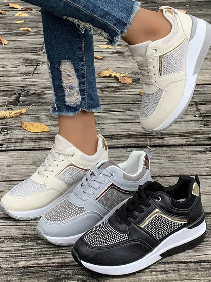 Lace-Up Rhinestone Wedge Sneakers - Tredona LLC