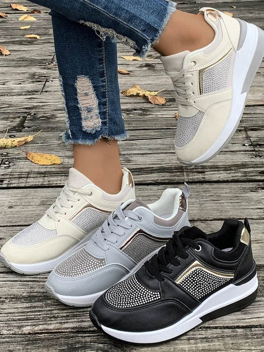 Lace-Up Rhinestone Wedge Sneakers - Tredona LLC