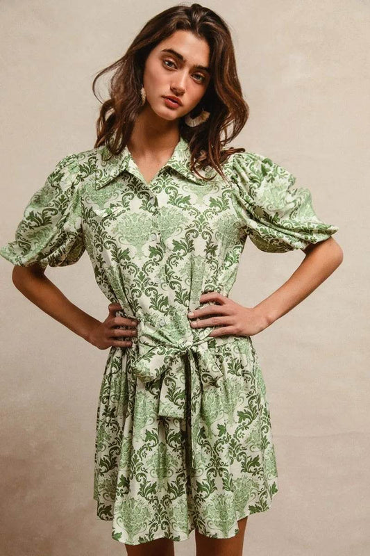 BiBi Tied Floral Short Sleeve Mini Shirt Dress - Tredona LLC