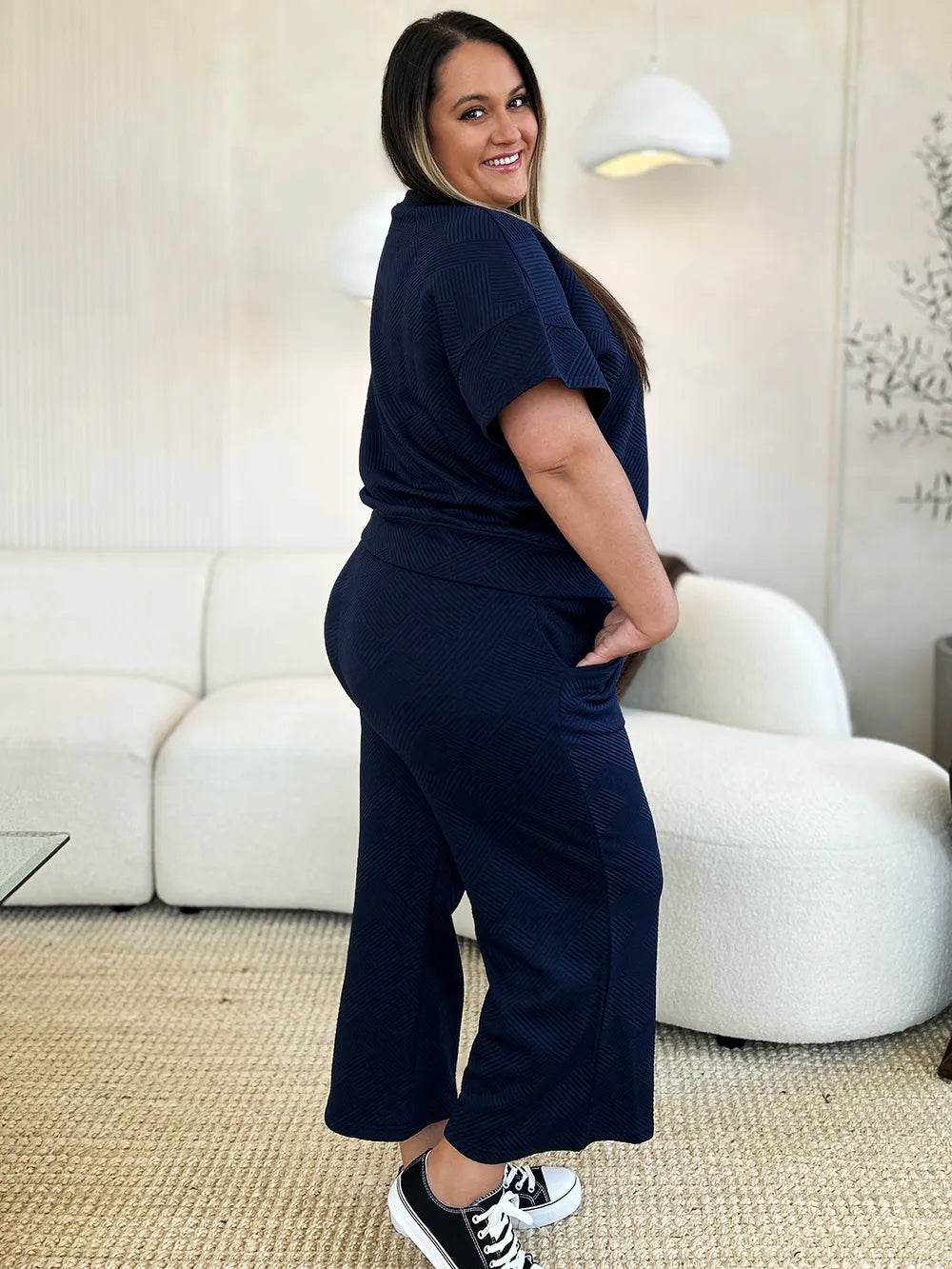 Double Take Full Size Texture Short Sleeve Top and Pants Set - Tredona LLC