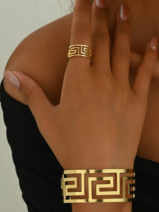 18K Gold-Plated Stainless Steel Geometric Bracelet and Ring Jewelry Set - Tredona LLC