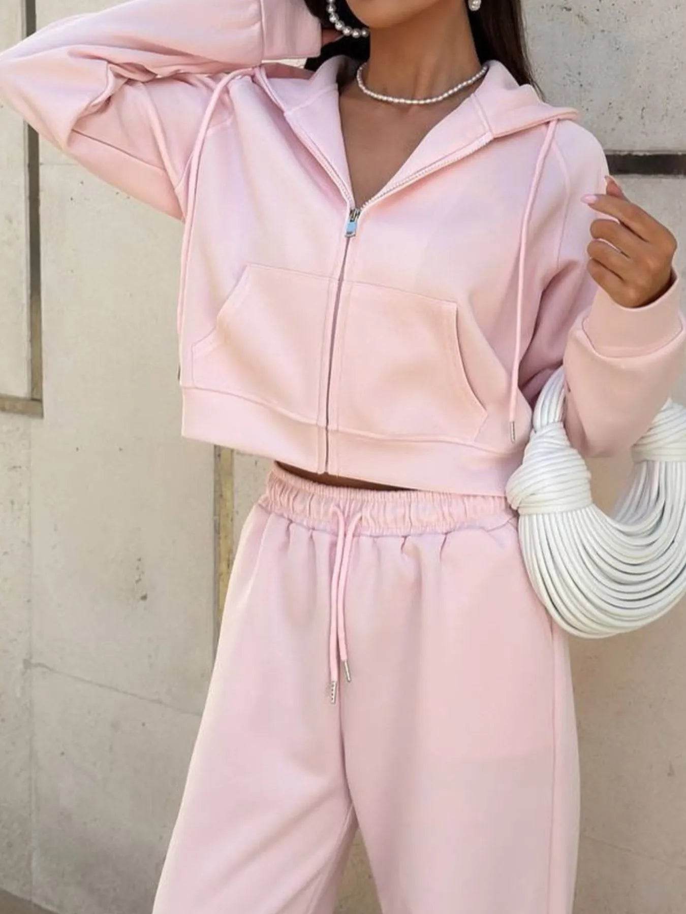 Zip Up Drawstring Hoodie and Pants Set - Tredona LLC