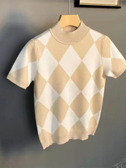 Men's Full Size Diamond Pattern Short Sleeve Knit Top Plus Size - Tredona LLC