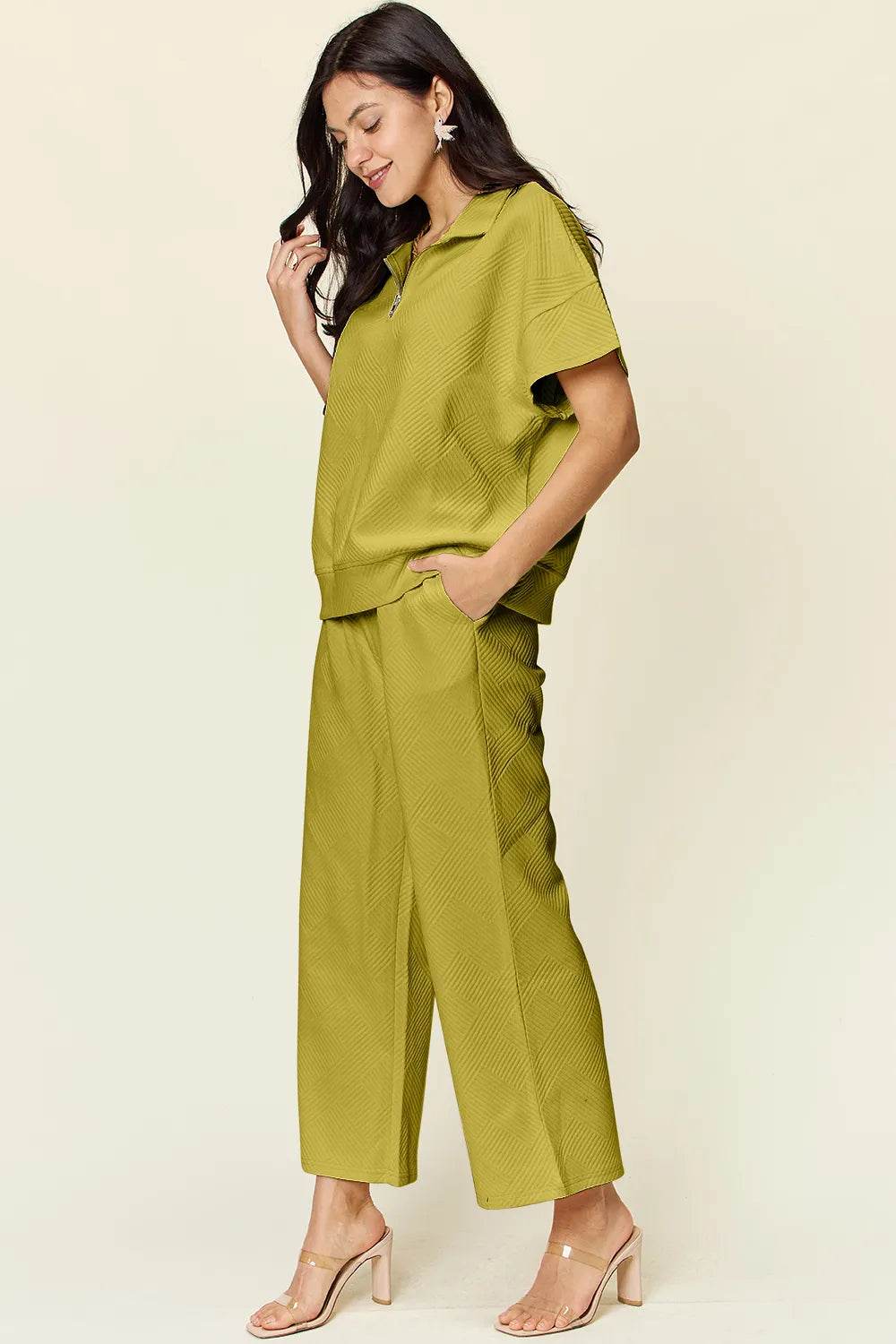 Double Take Full Size Texture Half Zip Short Sleeve Top and Pants Set - Tredona LLC