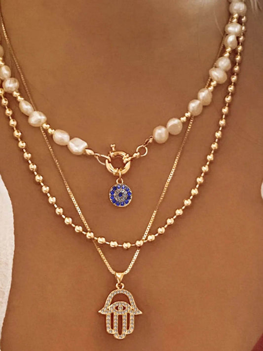 Layered Pearl Chain Evil Eye Hamsa Pendant Necklace - Tredona LLC