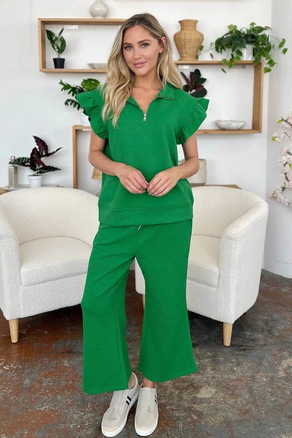 Double Take Texture Ruffle Short Sleeve Top and Drawstring Wide Leg Pants Set - Tredona LLC