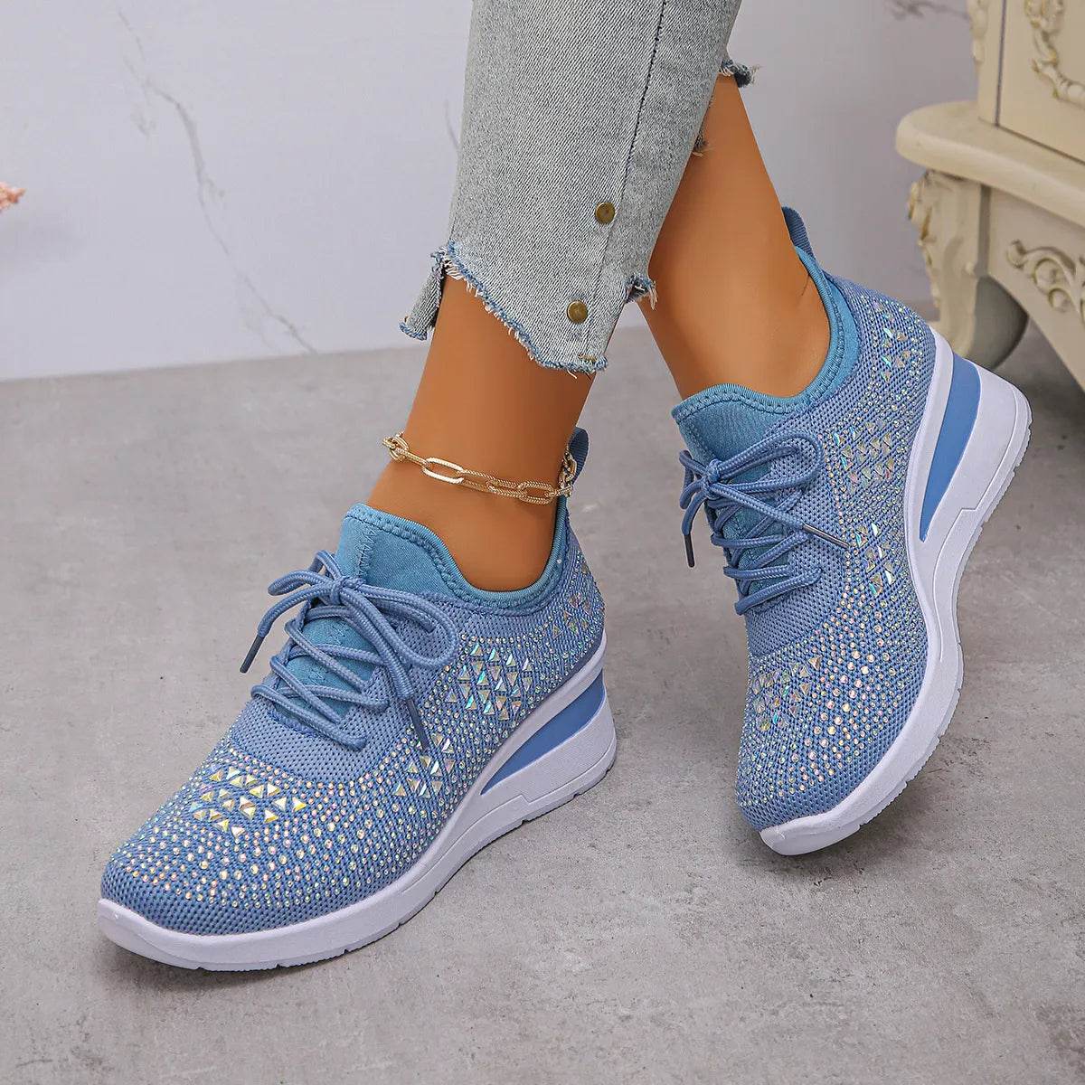 Breathable Mesh Rhinestone Wedge Athletic Sneakers - Tredona LLC