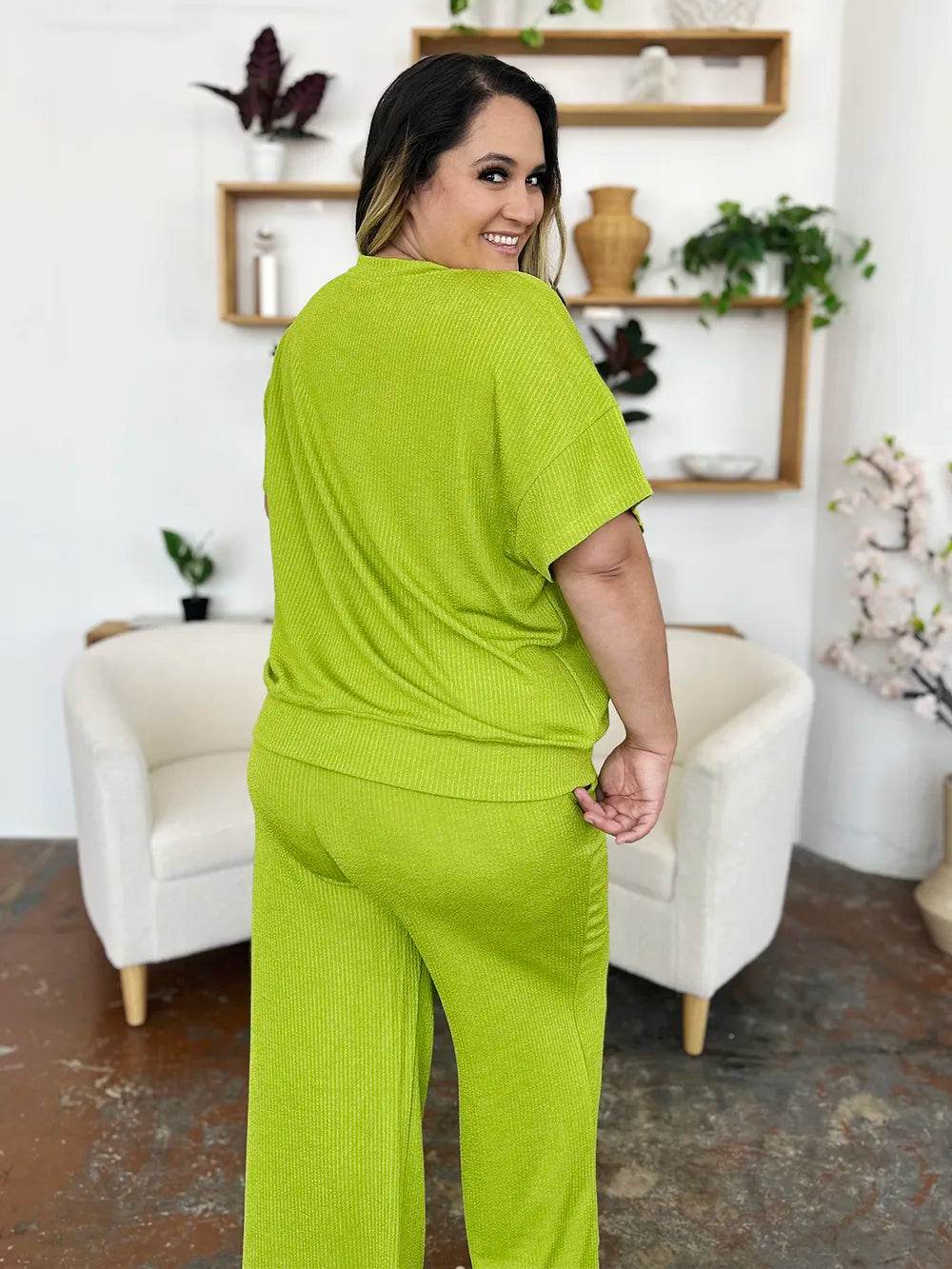 Double Take Full Size Texture Round Neck Short Sleeve T-Shirt and Wide Leg Pants - Tredona LLC