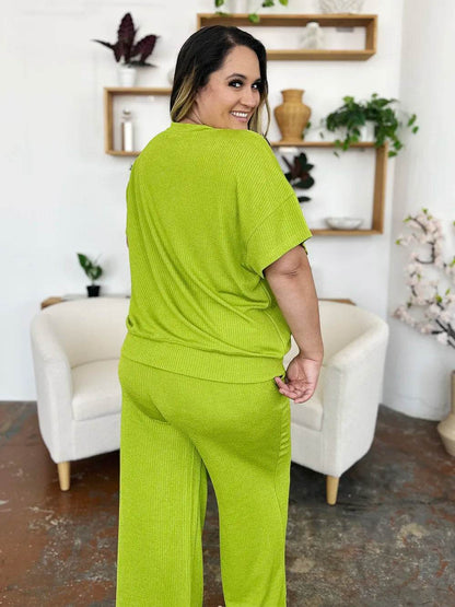 Double Take Full Size Texture Round Neck Short Sleeve T-Shirt and Wide Leg Pants - Tredona LLC