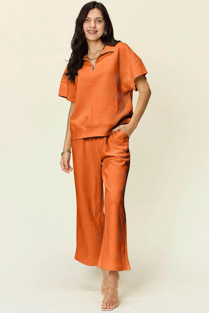 Double Take Full Size Texture Half Zip Short Sleeve Top and Pants Set - Tredona LLC