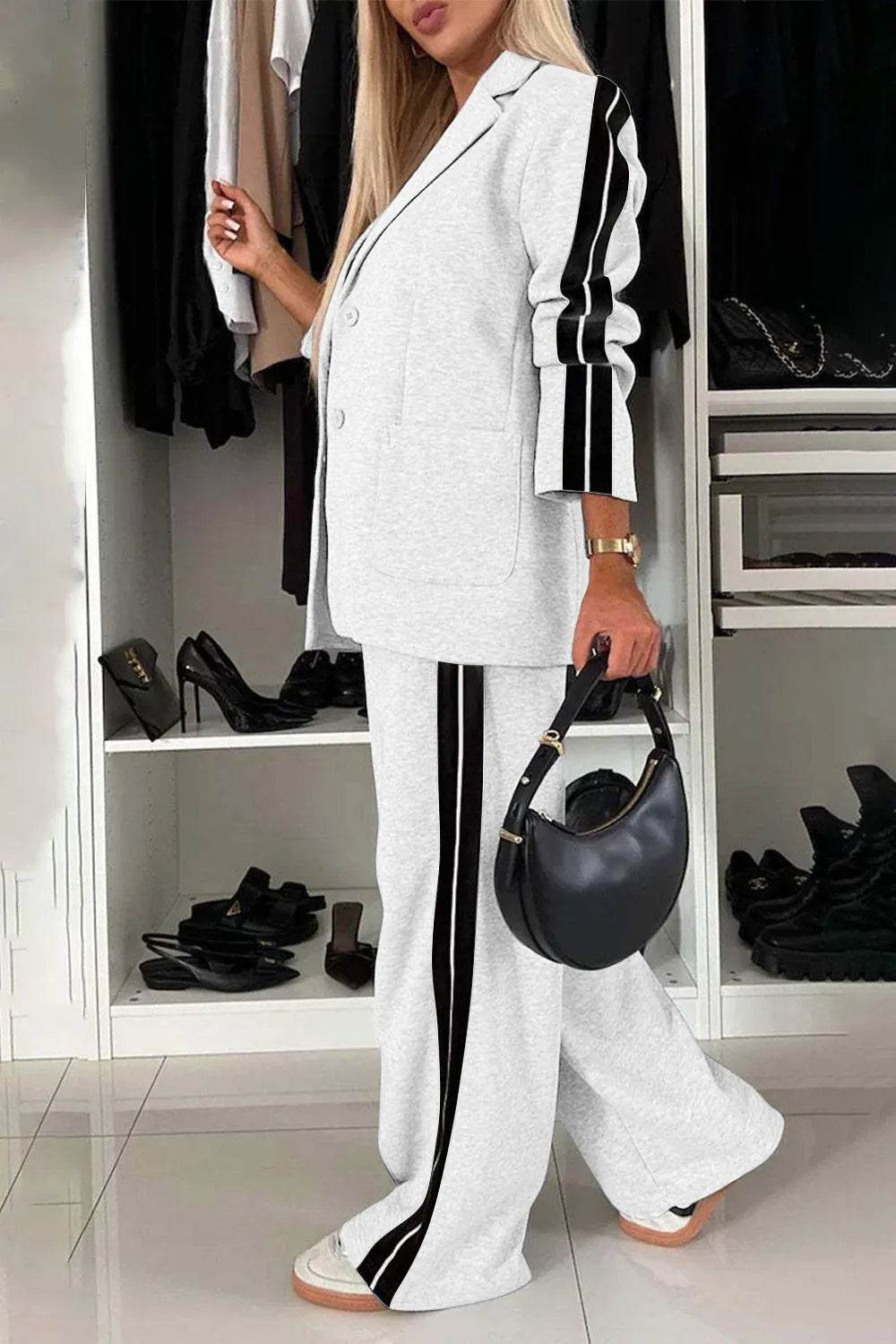 Full Size Contrast Lapel Collar Top and Pants Set - Tredona LLC