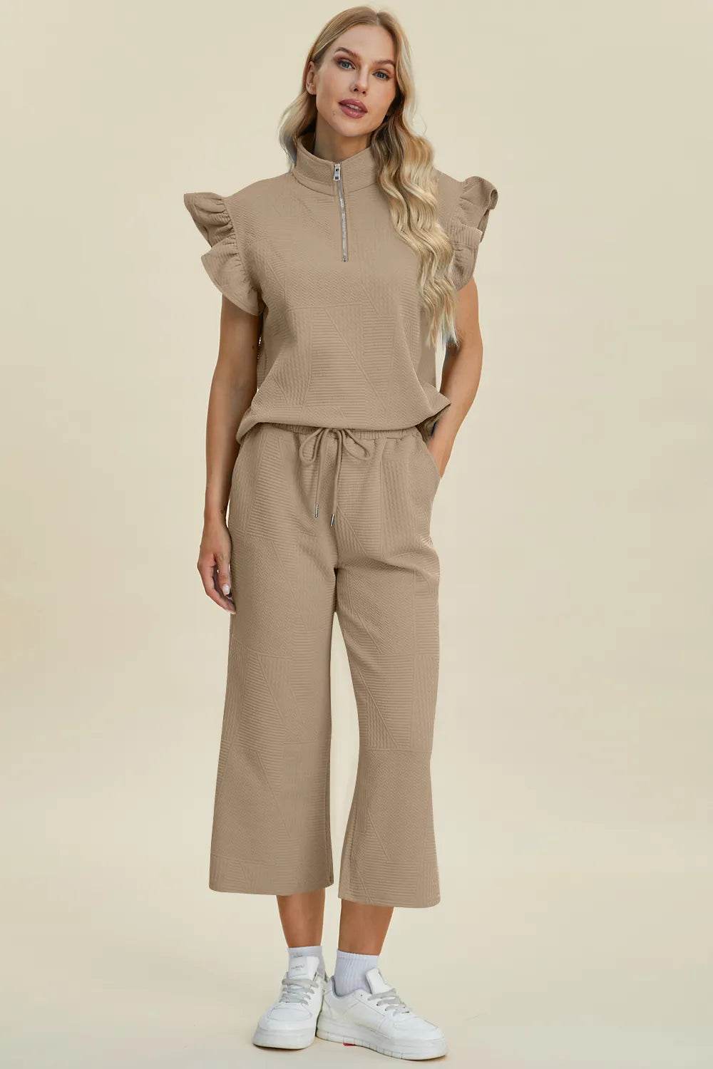 Double Take Full Size Texture Ruffle Short Sleeve Top and Wide Leg Pants Set - Tredona LLC