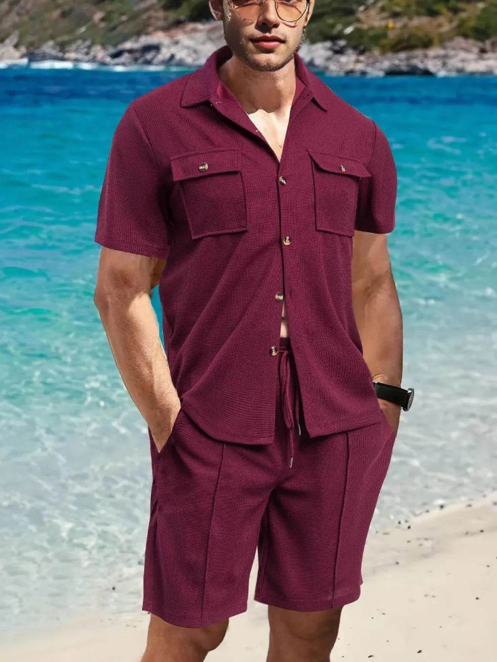 Men's Full Size Button Down Short Sleeve Top and Shorts Set Plus Size - Tredona LLC