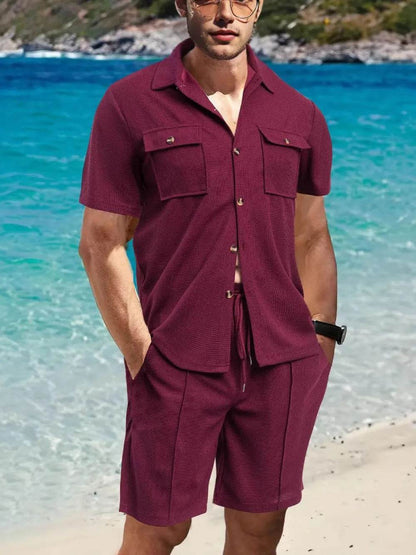 Men's Full Size Button Down Short Sleeve Top and Shorts Set Plus Size - Tredona LLC