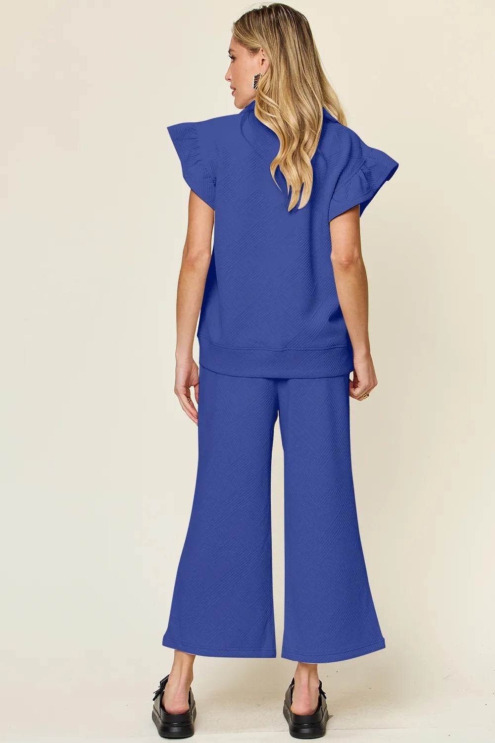 Double Take Texture Ruffle Short Sleeve Top and Drawstring Wide Leg Pants Set - Tredona LLC