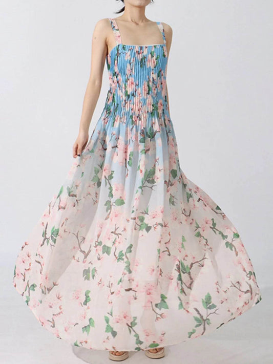 Floral Print Pleated Maxi Dress - Tredona LLC
