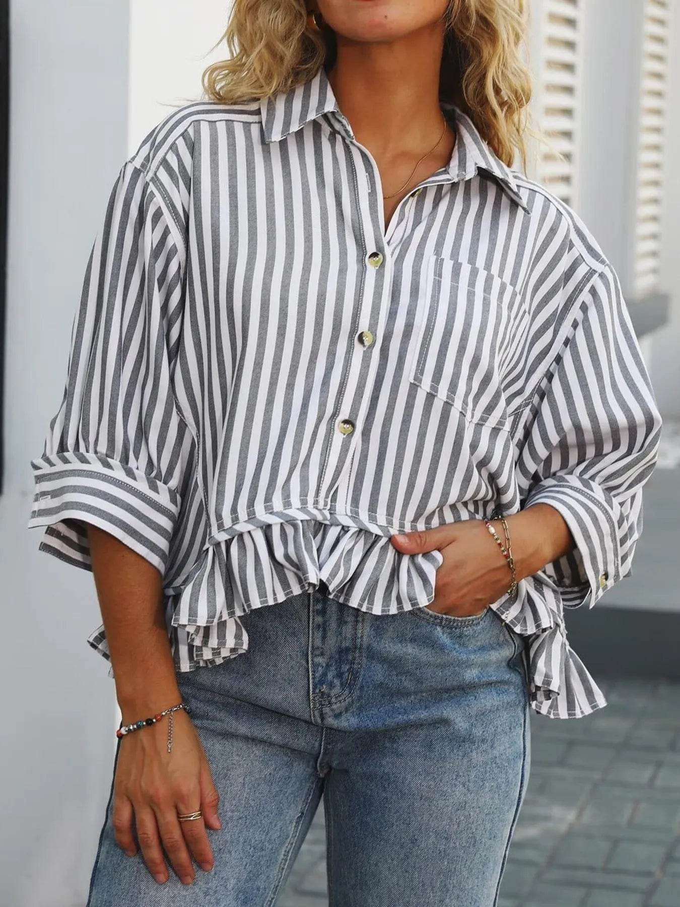 Striped Ruffle Hem Button-Up Shirt - Tredona LLC