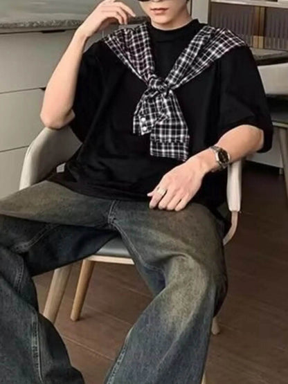 Men's Full Size Oversized T-Shirt with Plaid Shawl Plus Size - Tredona LLC