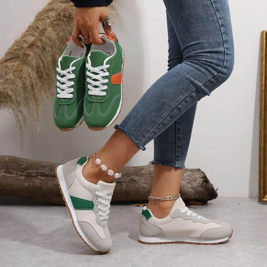 PU Leather Contrast Round Toe Flats Sneakers - Tredona LLC